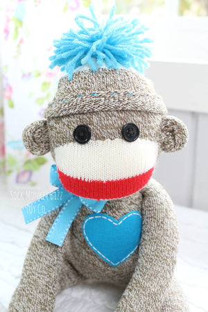 Handcrafted Classic Traditional Sock Monkey Doll, Turquoise