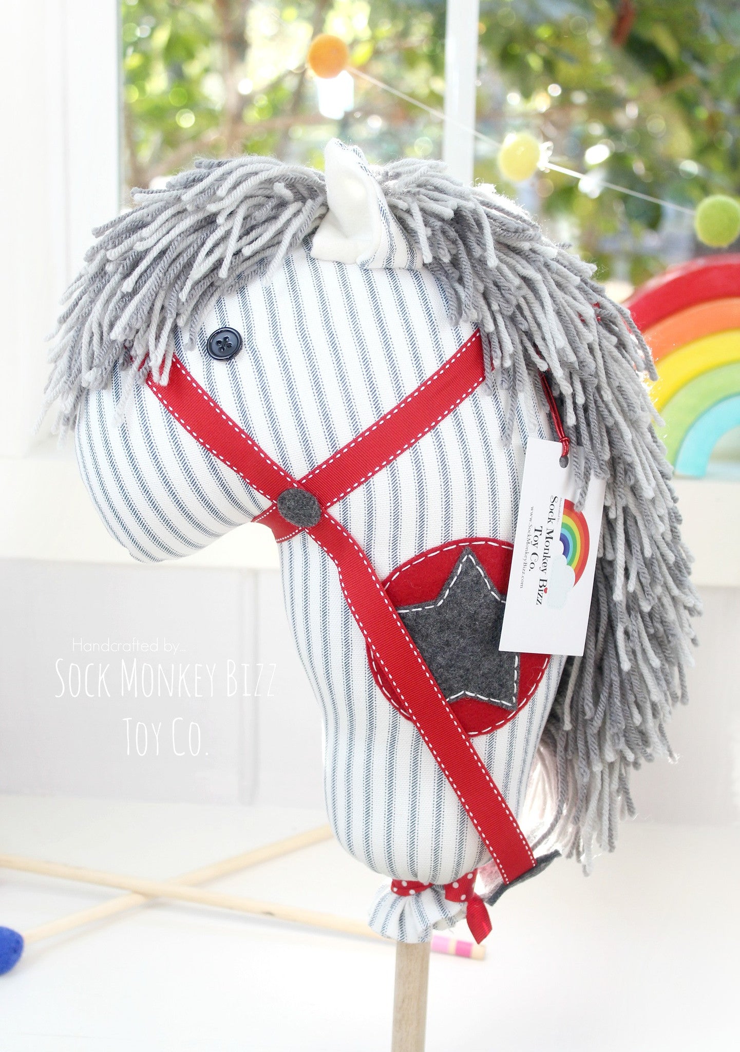 Child's Ride-On Toy Stick Horse, Aviator Grey and Red Hobby Horse