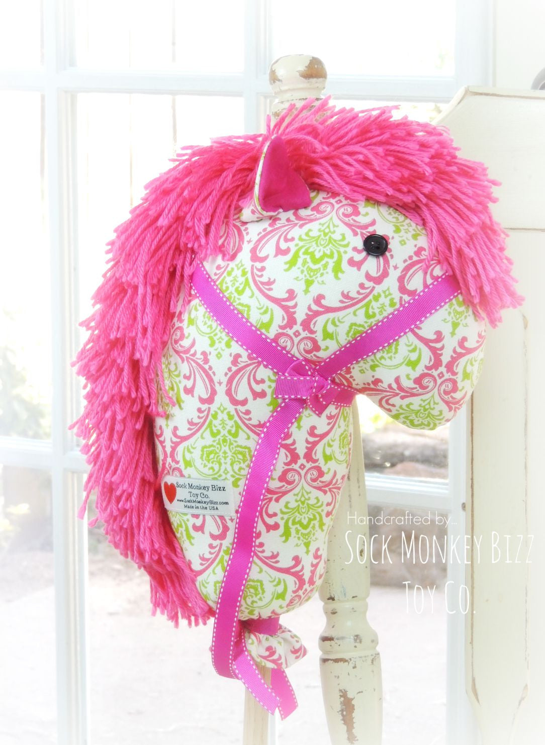 Child's Toy Stick Horse - Pink and Green French Damask