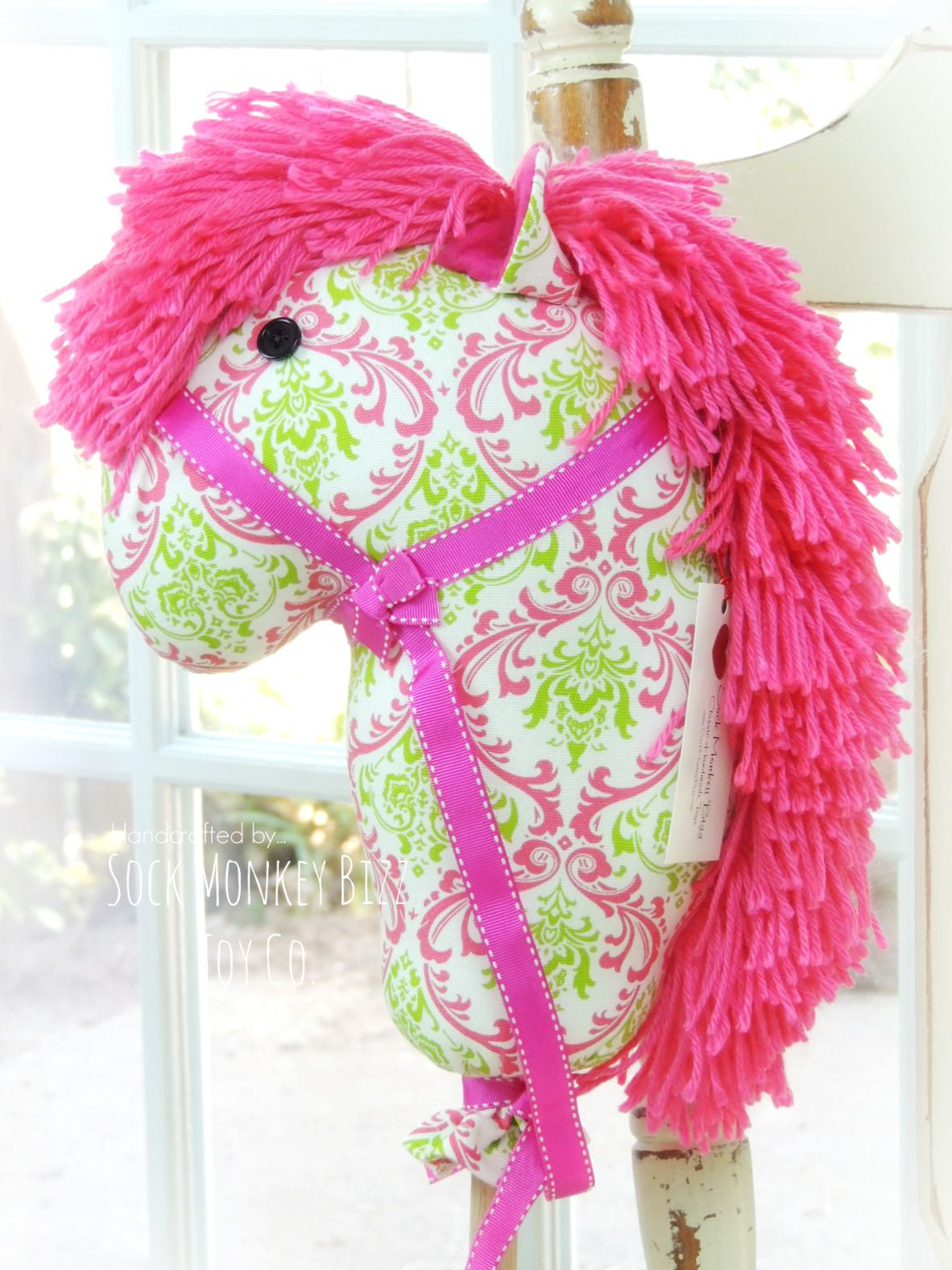 Child's Toy Stick Horse - Pink and Green French Damask