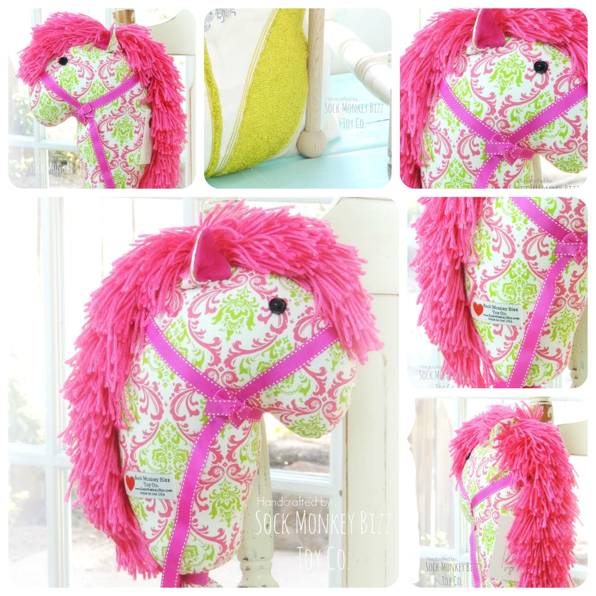 Child's Toy Stick Horse - Pink and Green French Damask