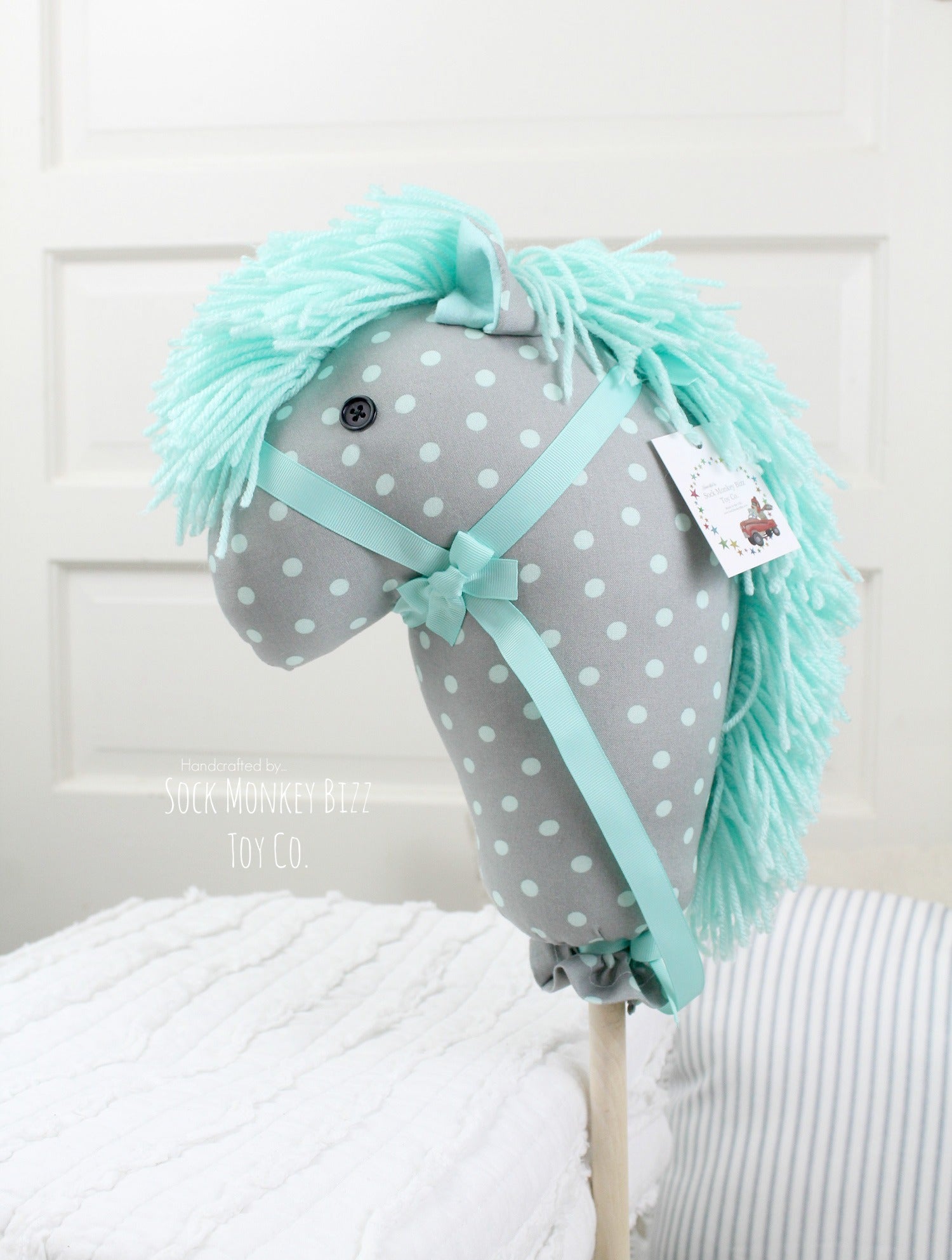 Handcrafted Seafoam and Grey Polka Dot Stick Horse Unicorn, 36" Hobby Horse