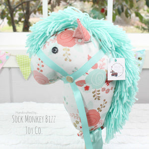 Stick Horse - Handcrafted Child's Toy Hobby Horse, Peach Aqua and Gold Floral