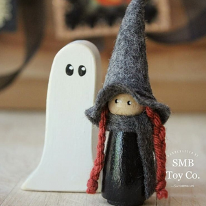 Wooden Witch Pixie Peg Doll & Ghost - Auburn