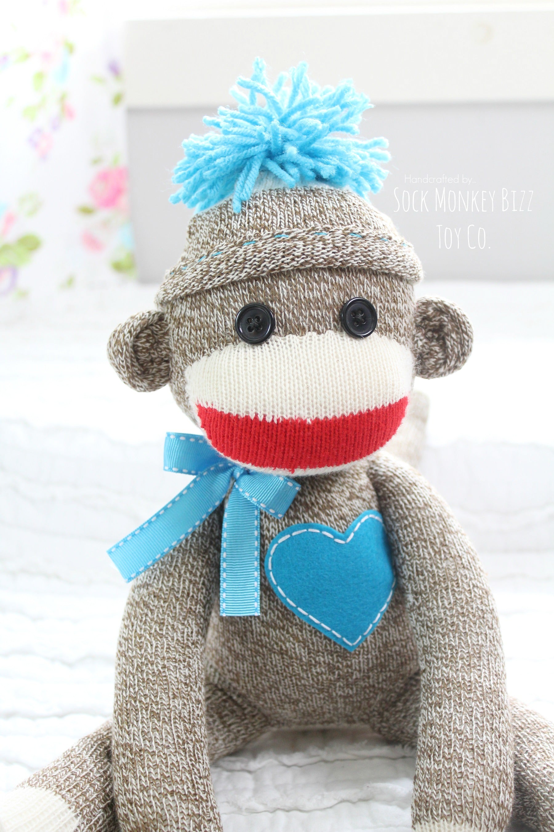 Handcrafted Classic Traditional Sock Monkey Doll, Turquoise