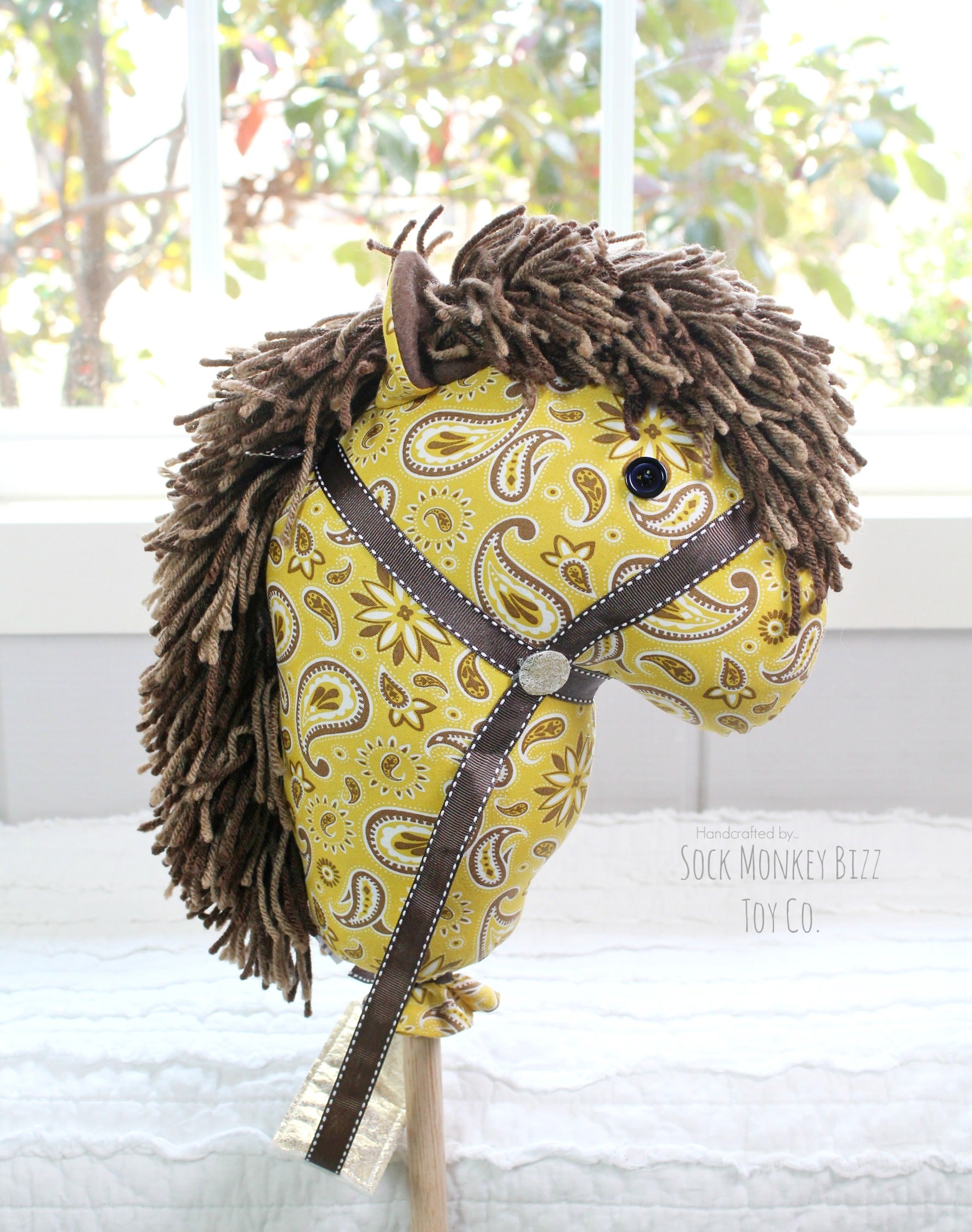 Stick Horse - Western Bandanna - Yellow and Brown - Handcrafted Hobby Horse Ride-On Toy