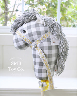 Child's Ride-On Toy Stick Horse, Grey & White Buffalo Check - Yellow 36" Hobby Horse