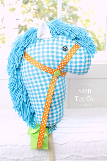 Child's Toy Stick Horse - Turquoise Gingham