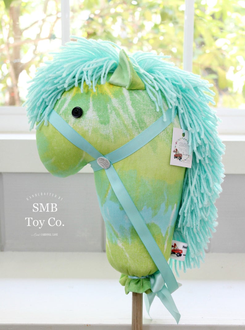 Child's Ride-On Toy Stick Horse, Aqua & Green Tie Dye
