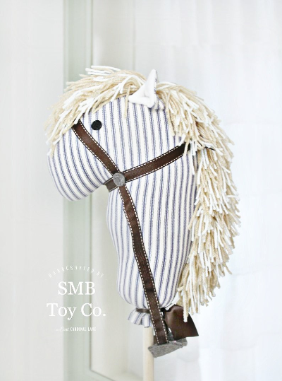 Child's Toy Stick Horse - Classic Ticking - Navy and Cream